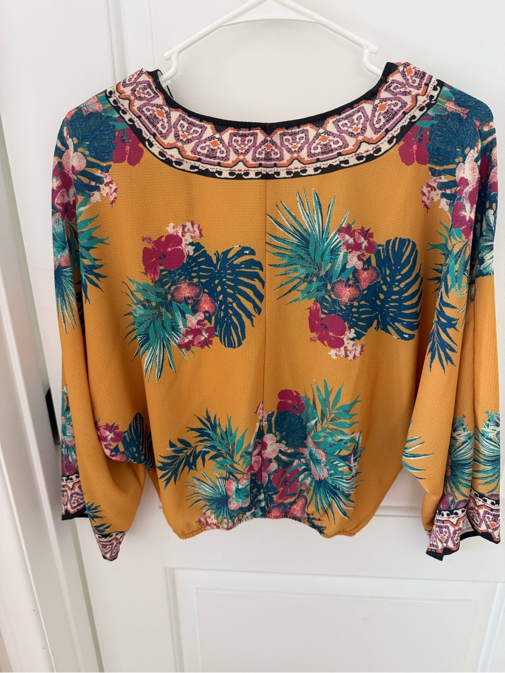 Flying Tomato Mustard Floral V-Neck Blouse with Teal and Magenta Print - Picture 2 of 3